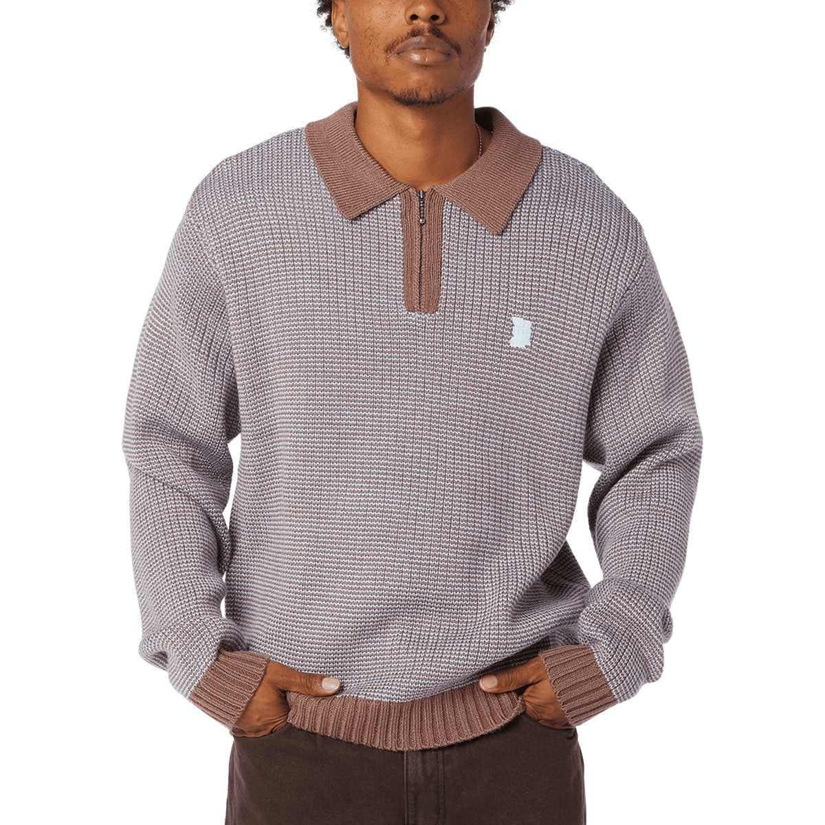 HUF Megablast Two Tone Waffle Sweater - Washed Blue/Moss image 1
