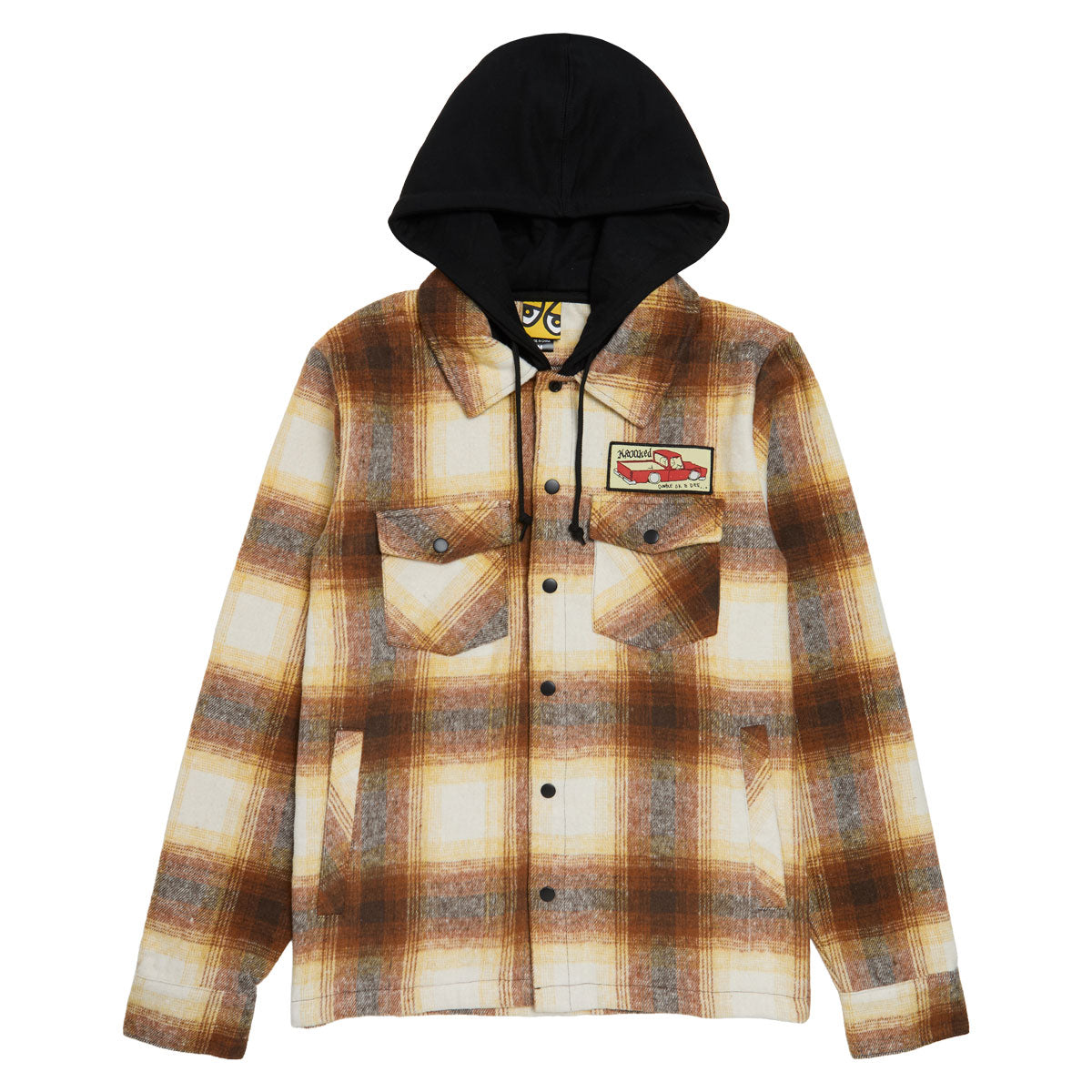 Krooked Double Ok Hooded Long Sleeve Shirt - Brown/Tan Plaid/Multi Color Patch image 1