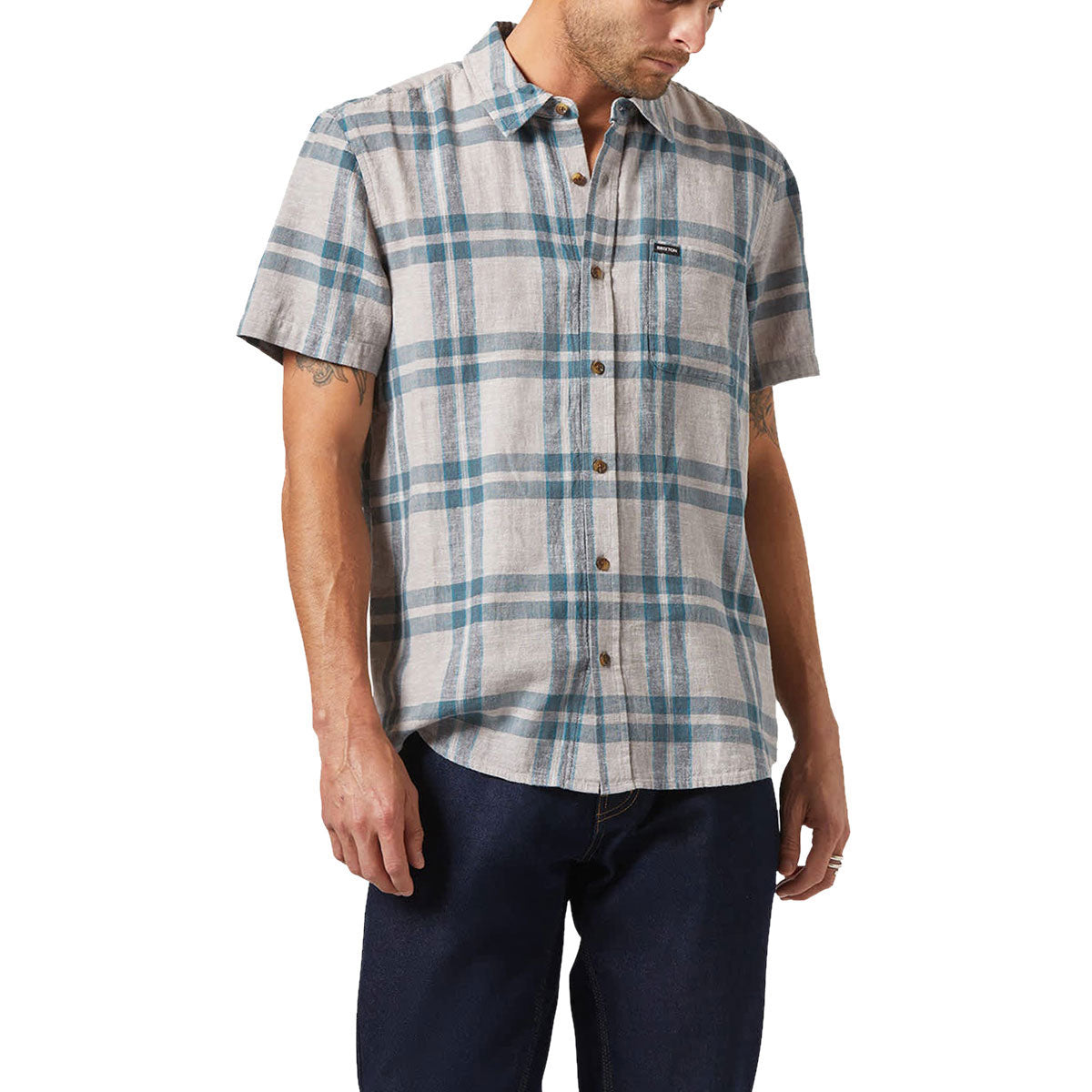 Brixton Charter Linen Blend Shirt - Beige/Azure Blue Plaid image 1