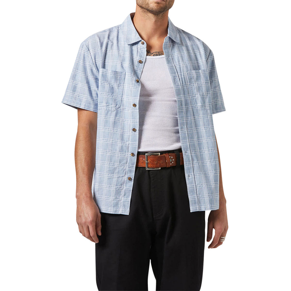 Brixton Cru Oxford Plaid Shirt - Light Blue/White Plaid image 1