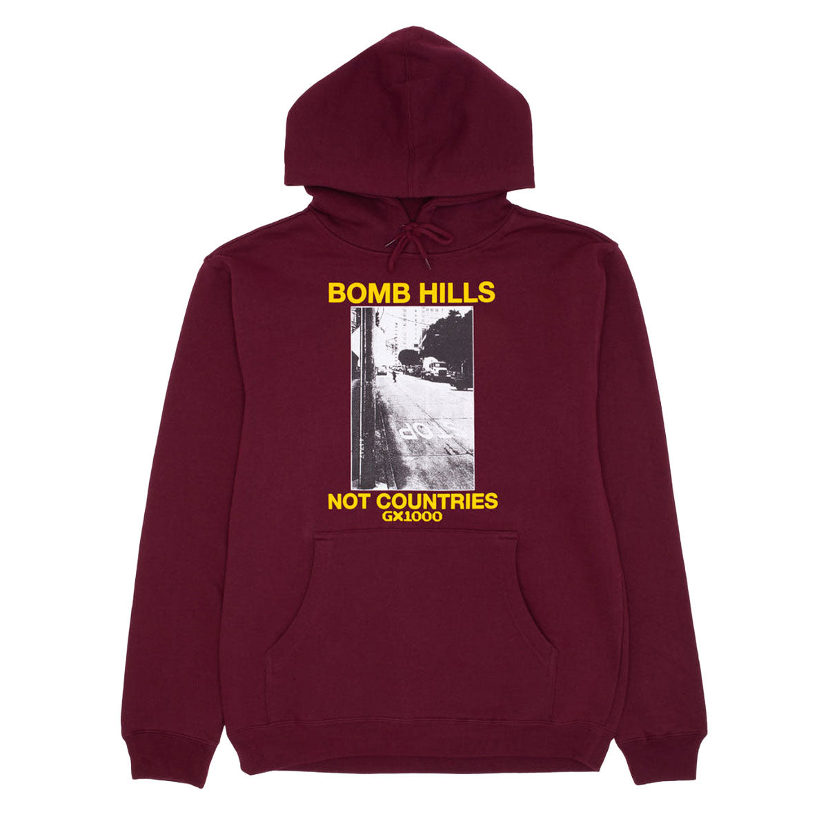 GX1000 Bomb Hills Not Countries Hoodie - Burgundy/Yellow Font image 1