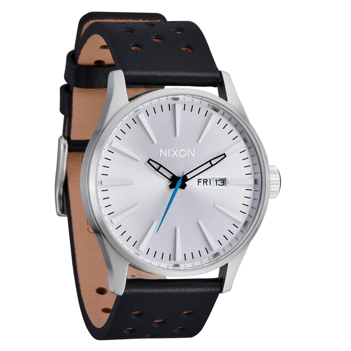 Nixon Sentry Leather Watch - Chrome/Silver Sunray/Black image 3