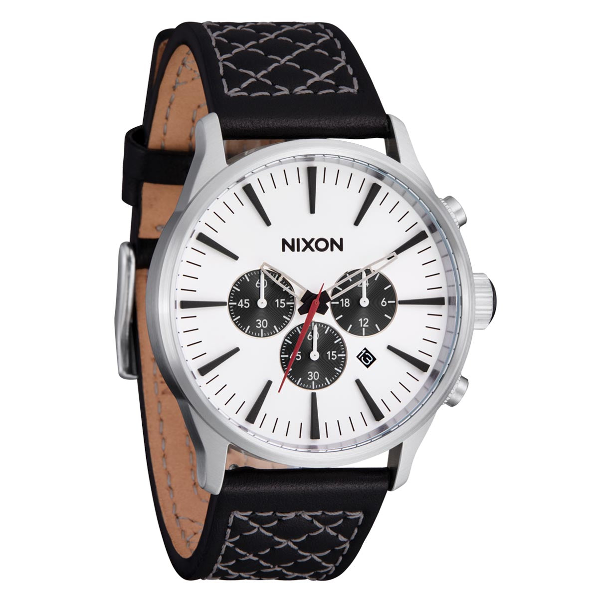 Nixon Sentry Chrono Leather Watch - Chrome/Cloud Sunray/Black image 3