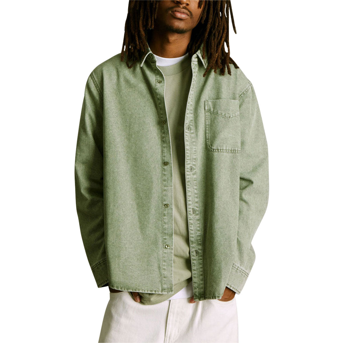 HUF Carson Overdyed Denim Long Sleeve Shirt - Olive image 2