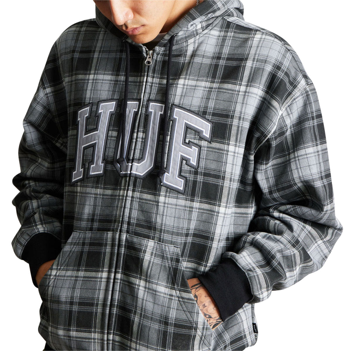 HUF Arch Plaid Full Zip Hoodie - Black image 2