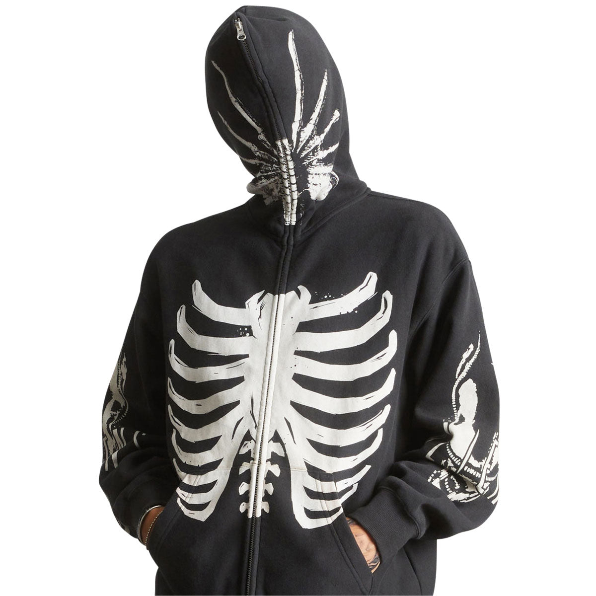 HUF x Aliens Facehugger Full Zip Washed Hoodie - Vintage Black image 3