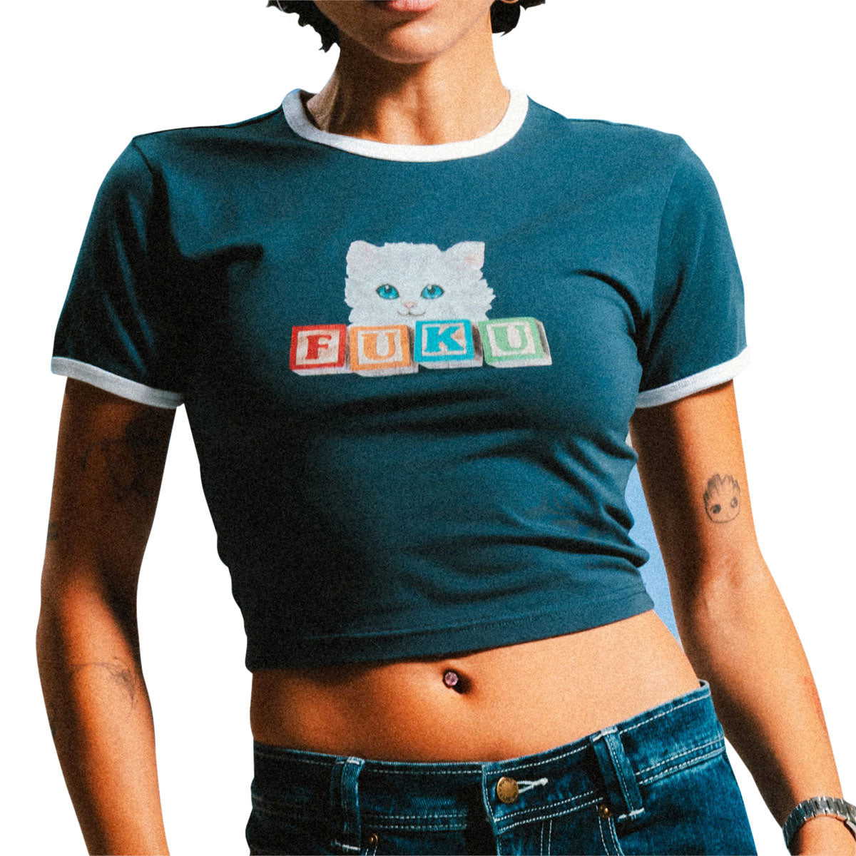 RIPNDIP Fuku Cropped Baby Ringer T-Shirt - Navy/White image 3
