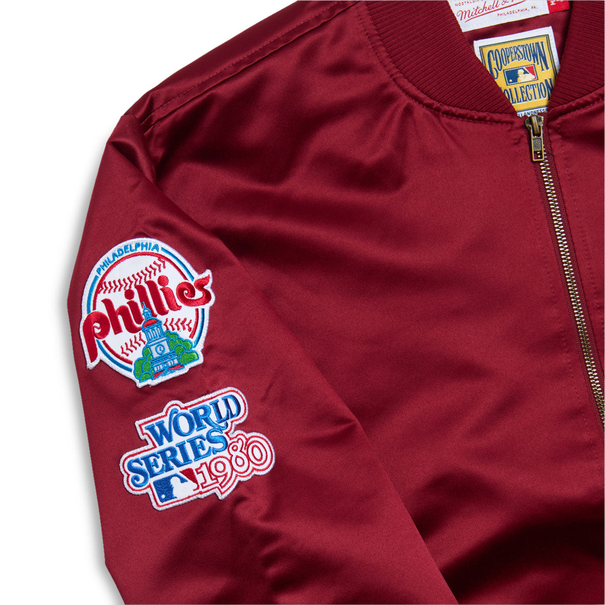 Mitchell & Ness x MLB Phillies Vintage Logo Satin Bomber Jacket - Cardinal image 5