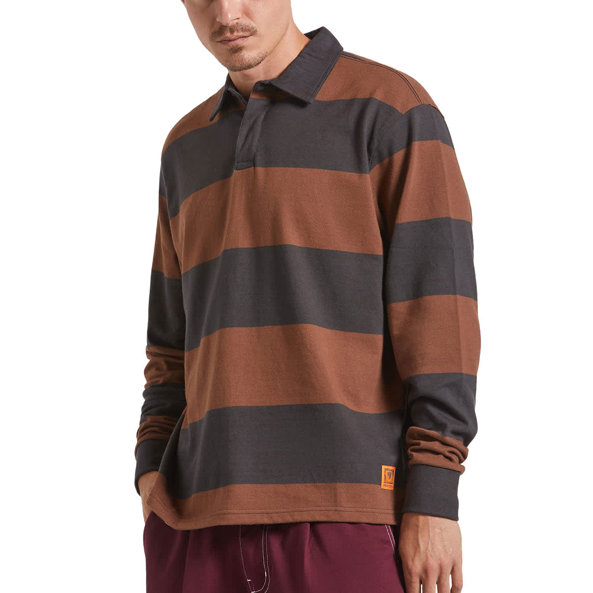 Brixton Union Heavyweight Rugby Polo Shirt - Washed Black/Pinecown Brown image 1
