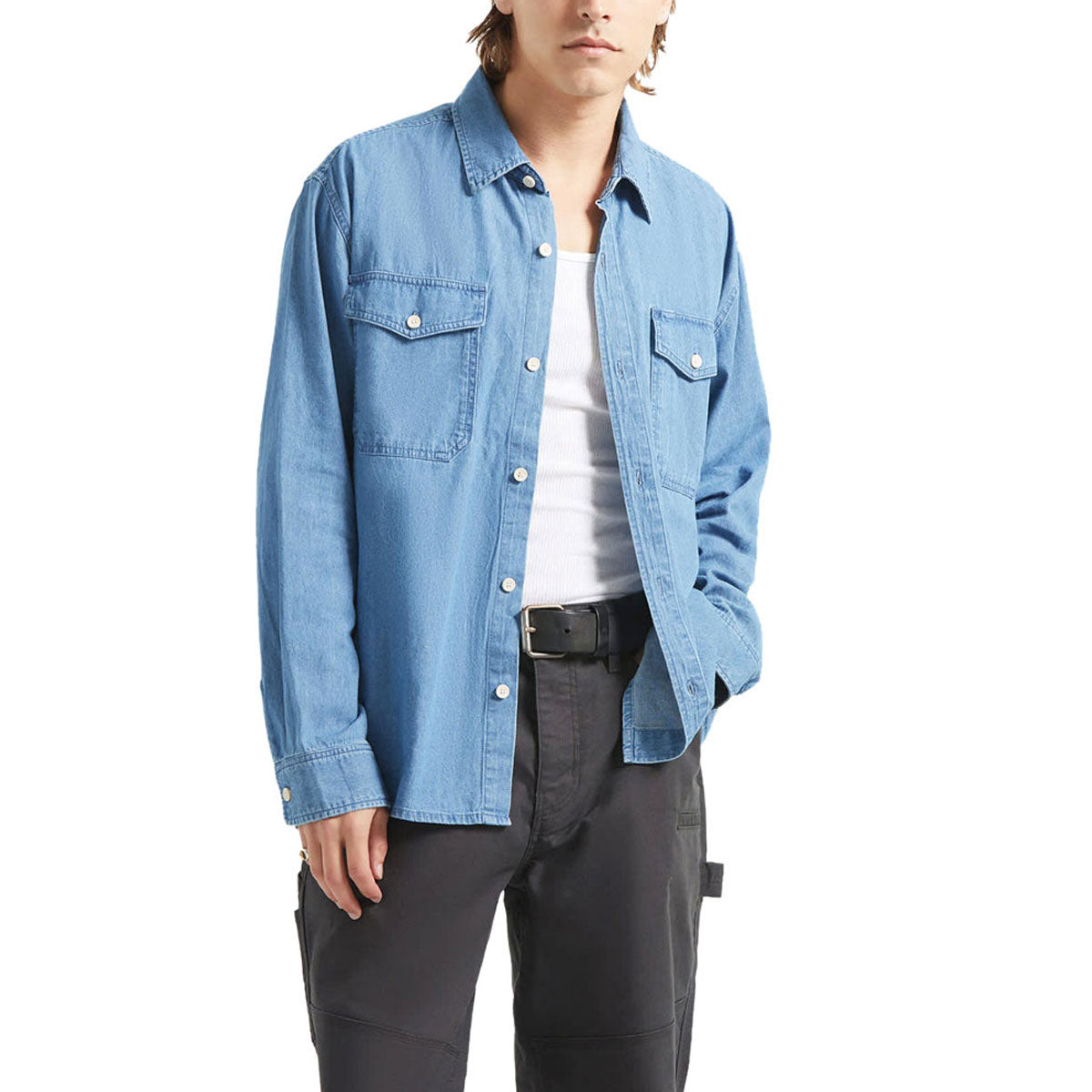 Brixton Waylon Lightweight Long Sleeve Over Shirt - Med Wash Chambrey image 1