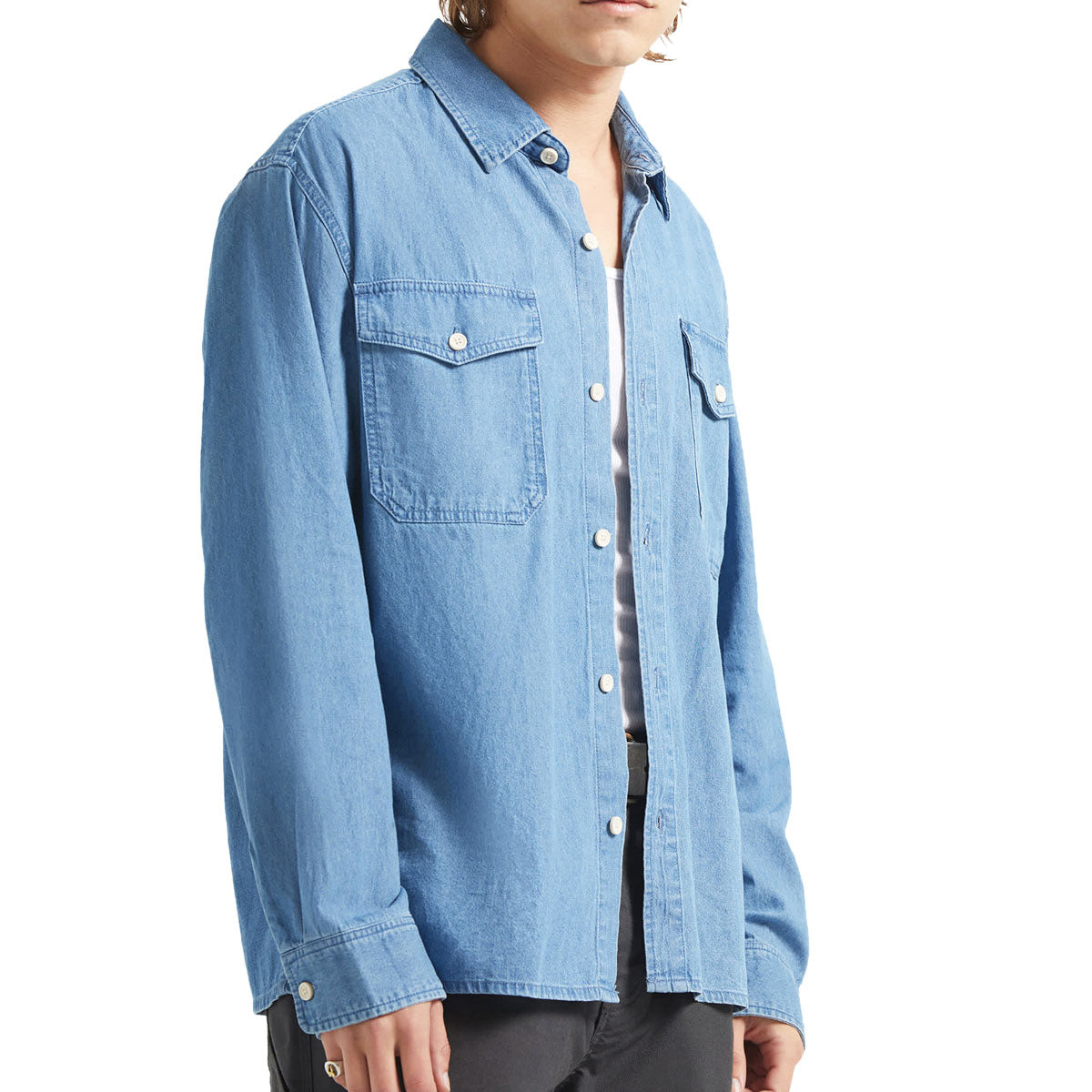 Brixton Waylon Lightweight Long Sleeve Over Shirt - Med Wash Chambrey image 3