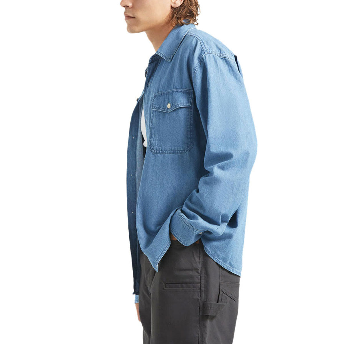 Brixton Waylon Lightweight Long Sleeve Over Shirt - Med Wash Chambrey image 4