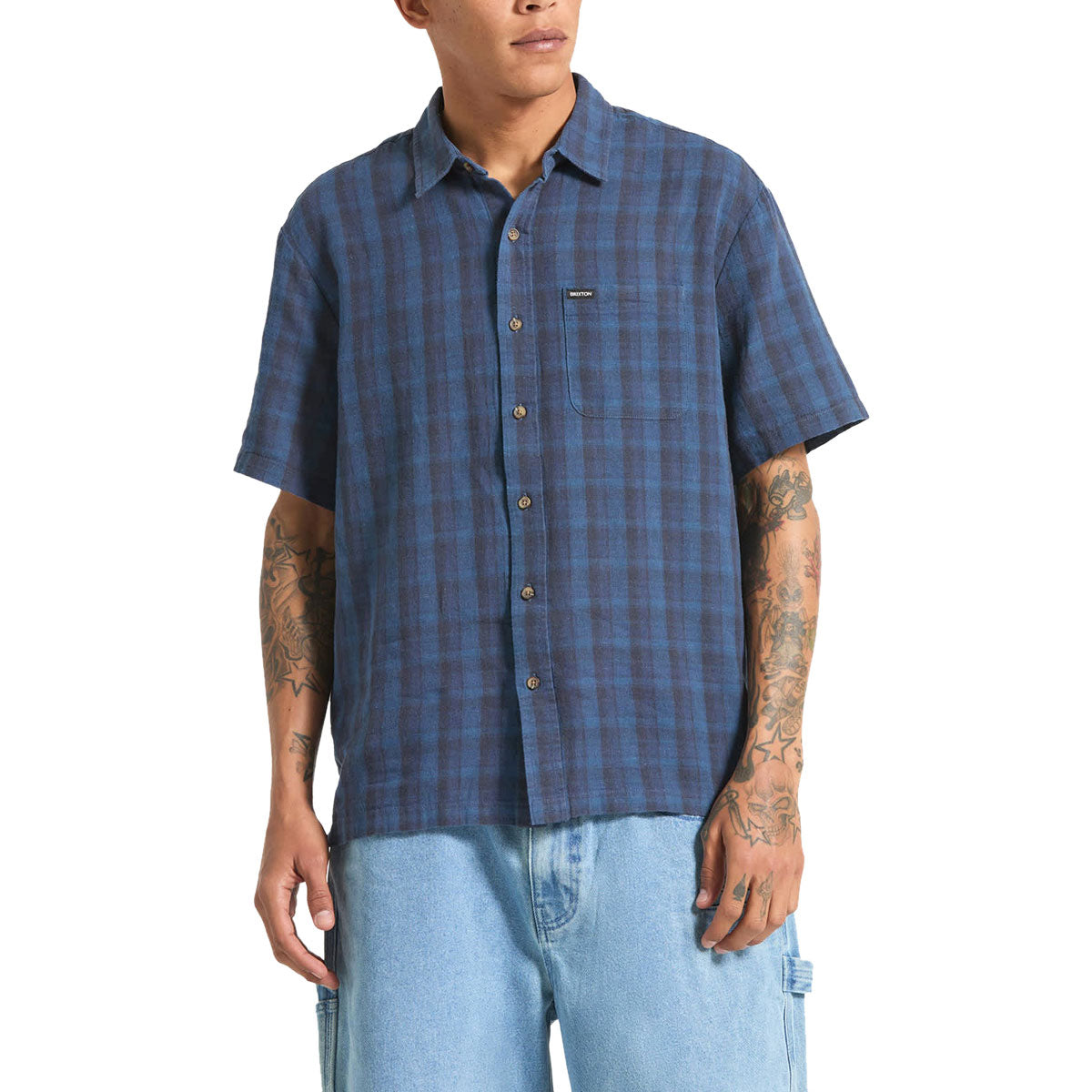 Brixton Cru Linen Blend Plaid Shirt - Dark Blue/Black Plaid image 2