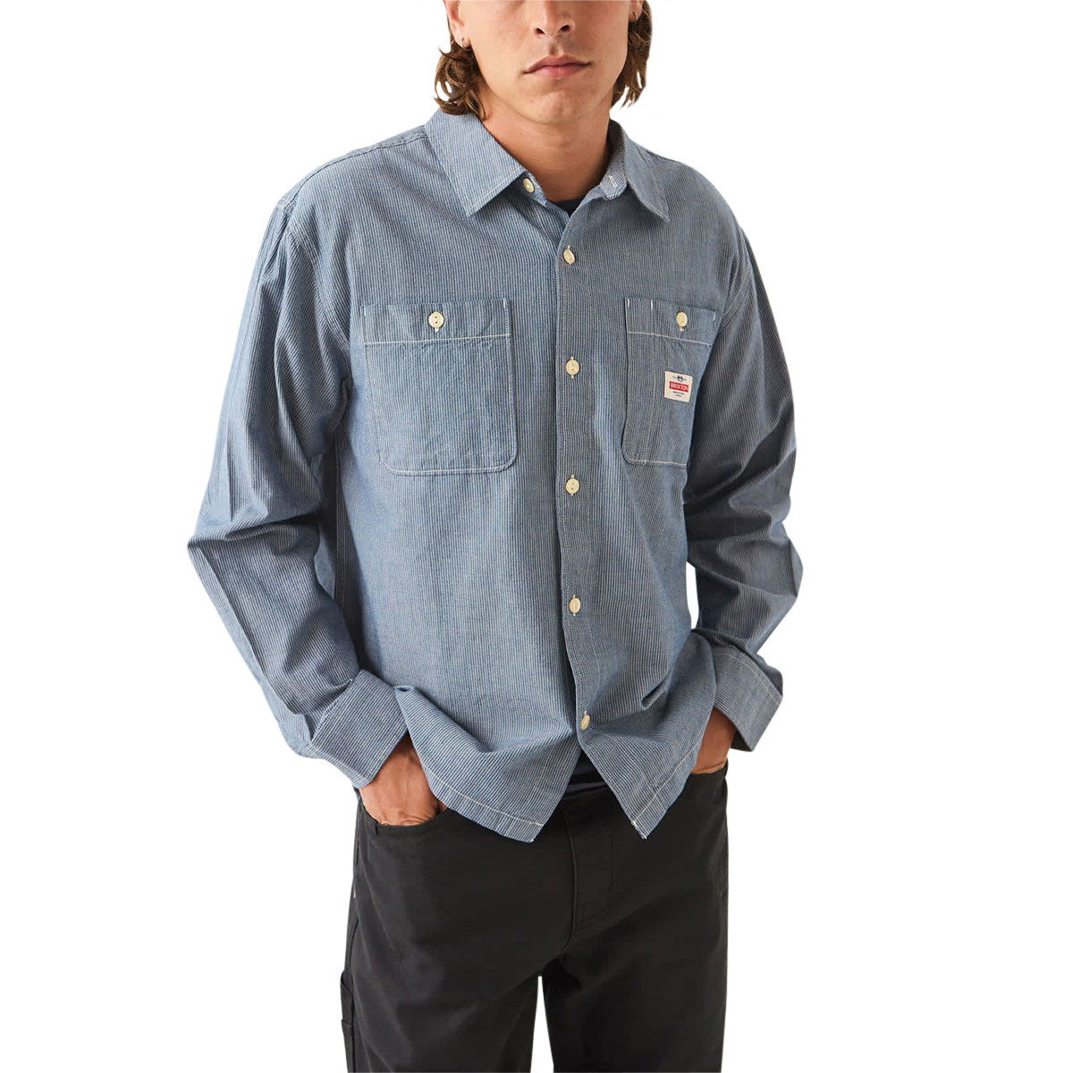 Brixton Trademark Long Sleeve Woven Shirt - Blue Chambray Micro Stripe image 1