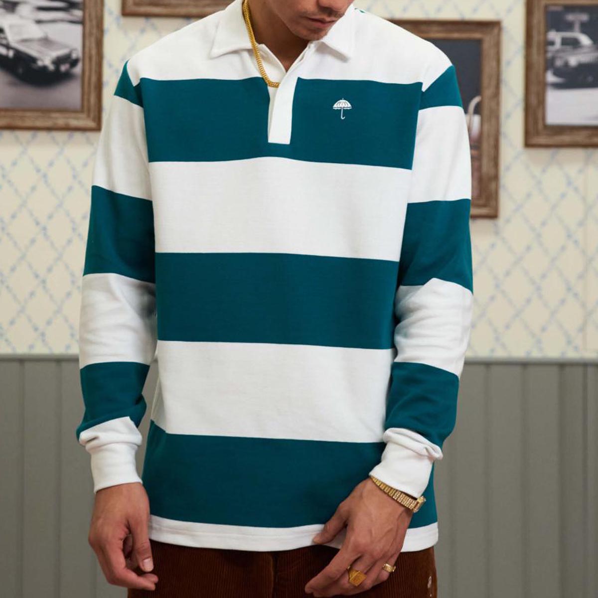 Helas Yard Long Sleeve Polo Shirt - White/Green image 2