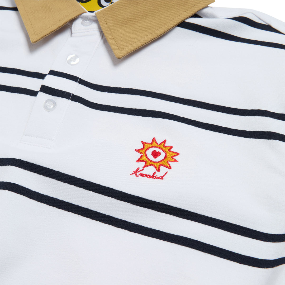 Krooked Sun Heart Long Sleeve Rugby Shirt - White/Navy/Yellow/Red Embroidery image 2