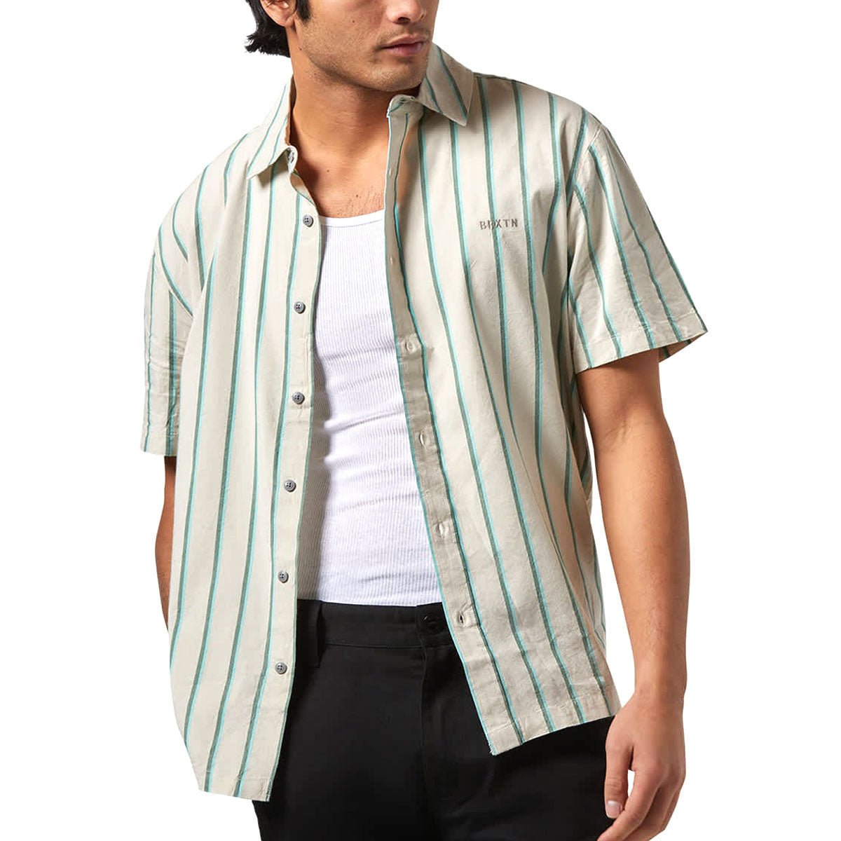 Brixton Cru Stripe Shirt - Beige/Pine Needle/Aquatic Green image 1