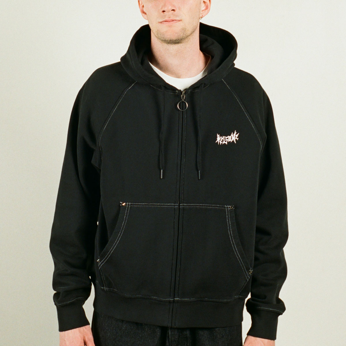 Welcome Vamp Cropped Studded Zip Hoodie - Black image 2