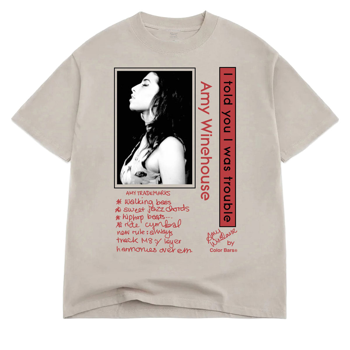 Color Bars x Amy Winehouse Trouble T-Shirt - Tan image 1