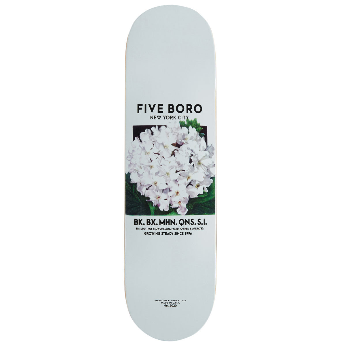 5Boro Flower Seed Packaging White Flower Skateboard Deck - 8.50